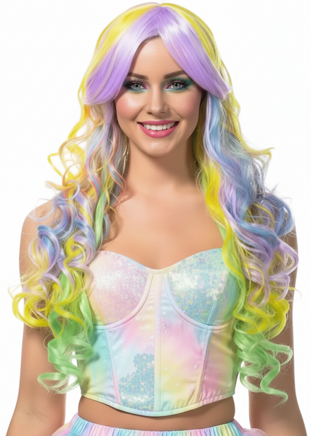 Image of Deluxe Pastel Rainbow Long Curly Women's Costume Wig - Main Image