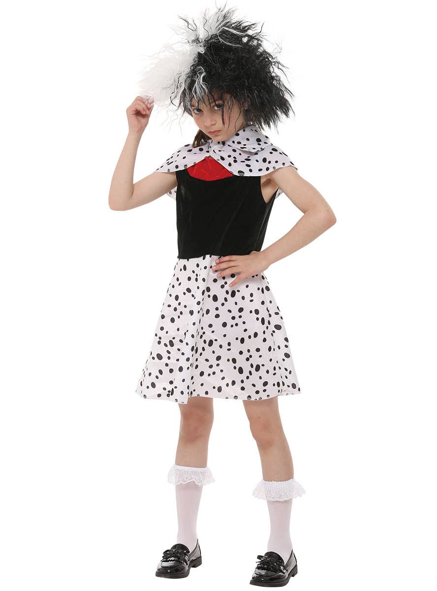 Image of Evil Dog Napper Girl's Cruella Book Week Costume - Front View