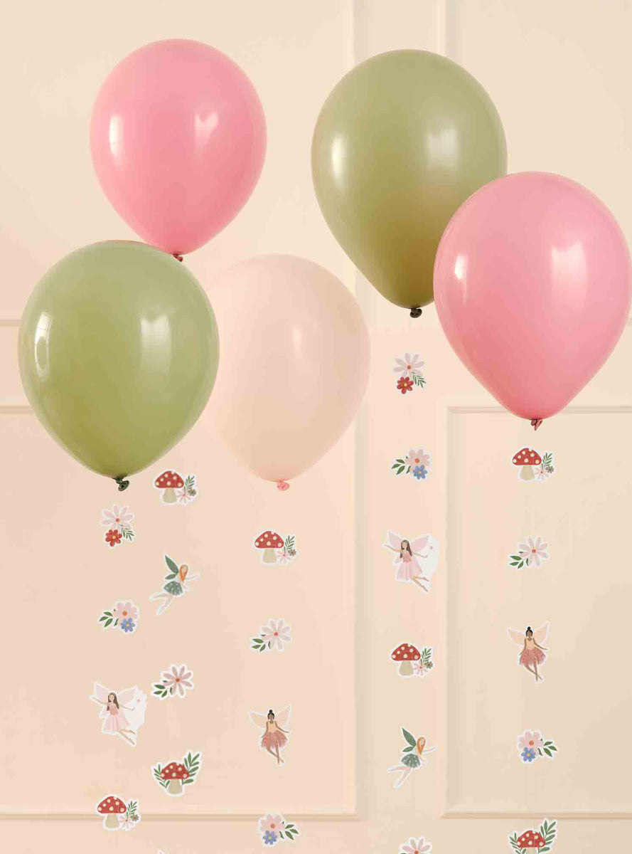 Fairy Garden 5 Pack Green and Pink Balloons with Tails – Lifestyle Image