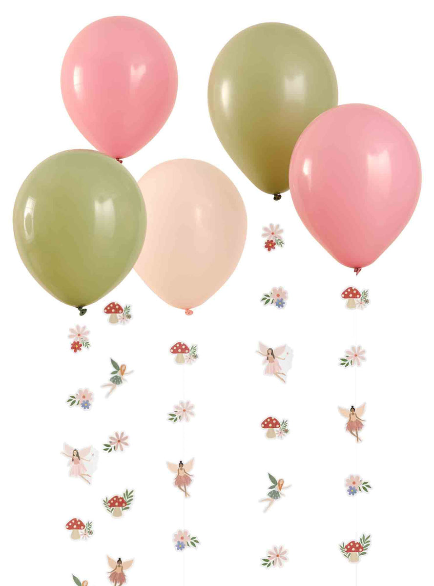 Fairy Garden 5 Pack Green and Pink Balloons with Tails – Main Image