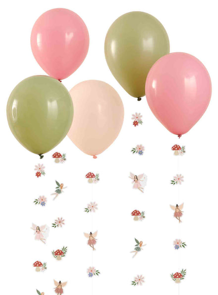 Fairy Garden 5 Pack Green and Pink Balloons with Tails – Main Image