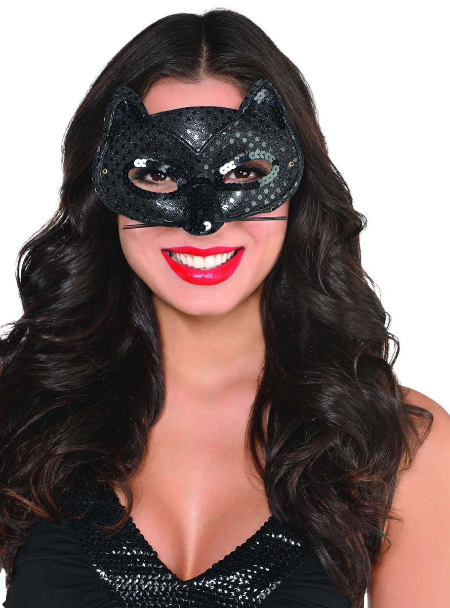 Sequin Black Cat Masquerade Mask - Main Image