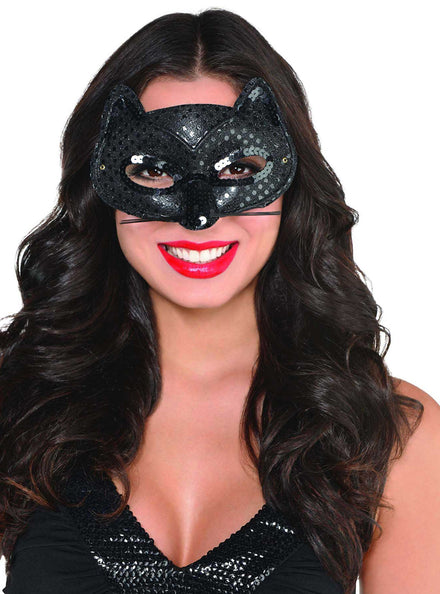 Sequin Black Cat Masquerade Mask - Main Image