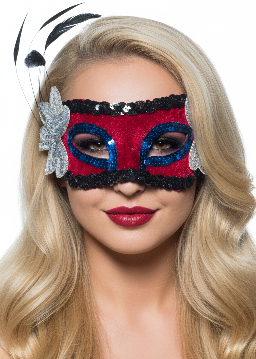 Red Velvet Masquerade Mask With Side Feathers - Main Image