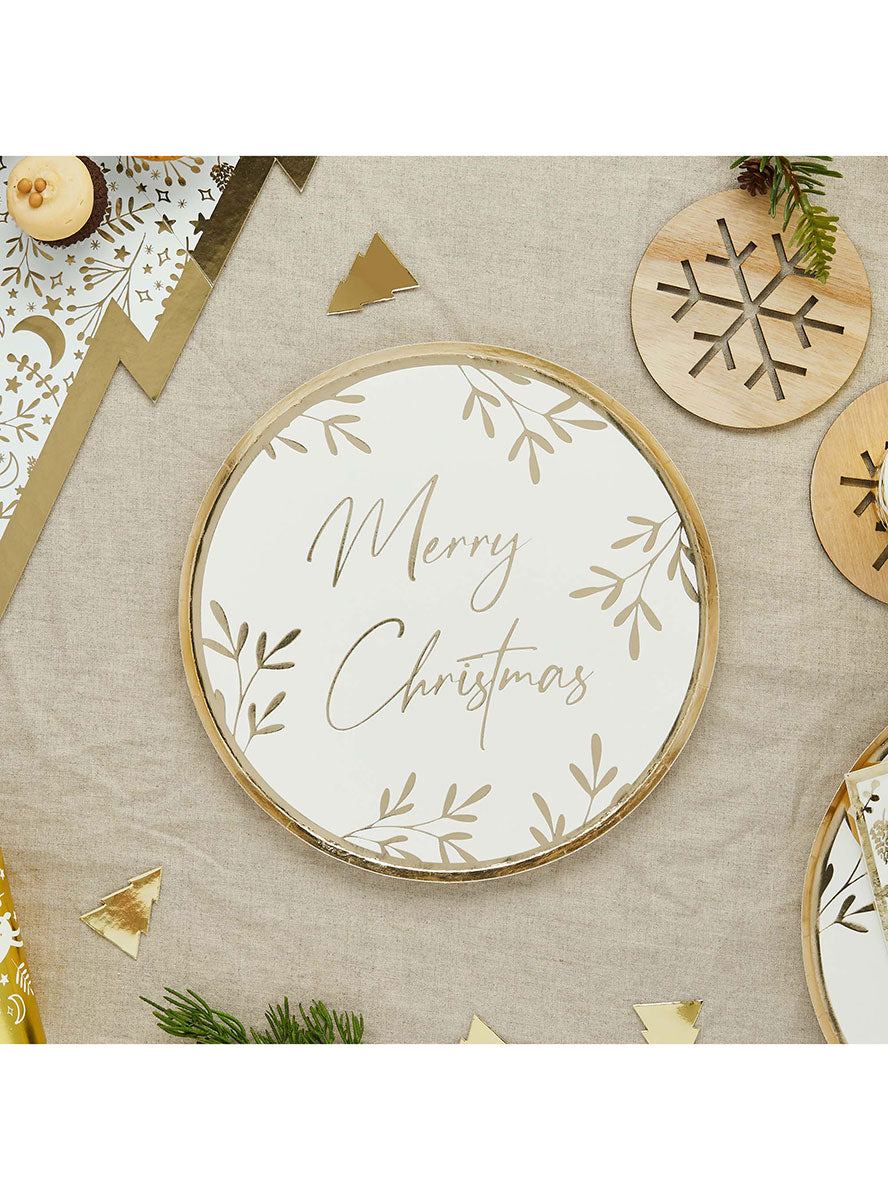 White And Gold Festive Folklore 8 Pack Merry Christmas 23cm Paper Plates – Lifestyle Image