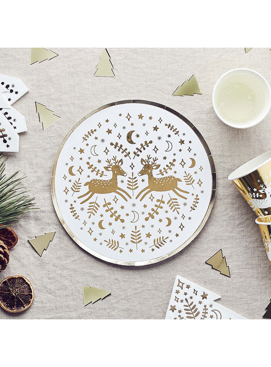 White And Gold Festive Folklore 8 Pack Reindeer Print 23cm Christmas Paper Plates – Lifestyle Image 1