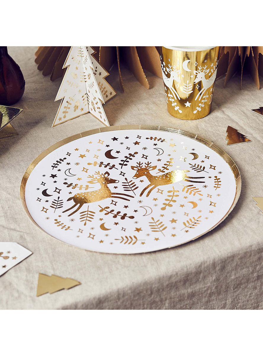 White And Gold Festive Folklore 8 Pack Reindeer Print 23cm Christmas Paper Plates – Lifestyle Image 2