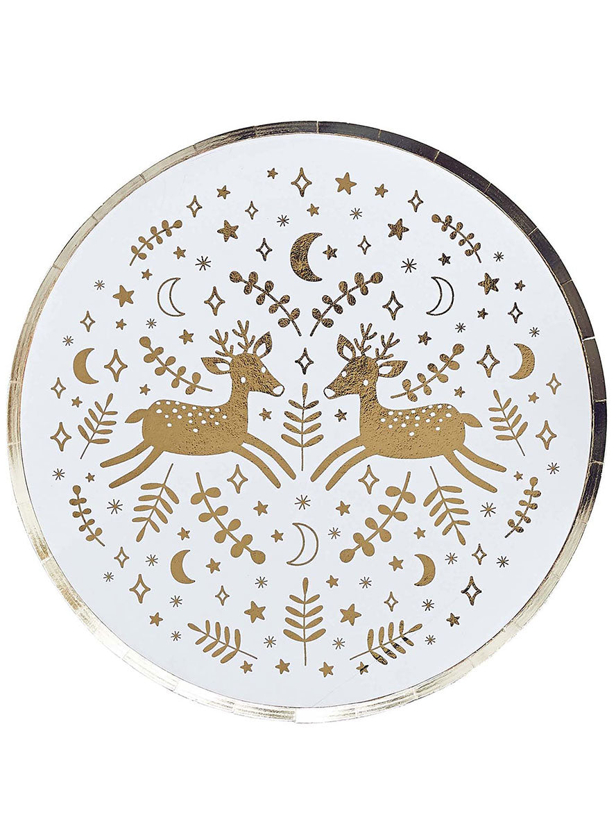 White And Gold Festive Folklore 8 Pack Reindeer Print 23cm Christmas Paper Plates – Main Image