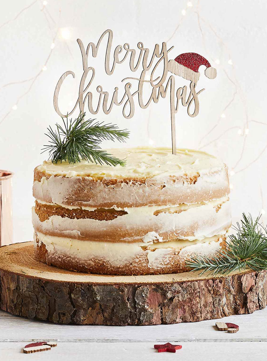 Merry Christmas Wooden Cake Decoration - Lifestyle Image