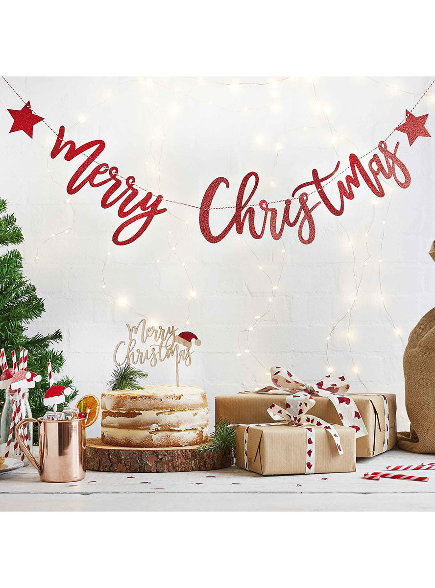 Festive Fun Red Glitter Merry Christmas 2m Banner – Lifestyle Image