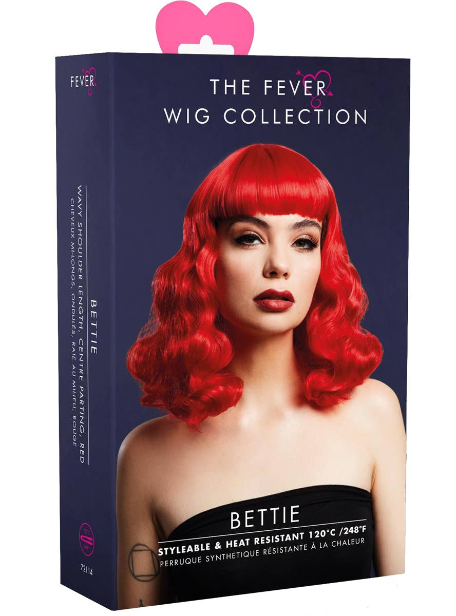 Image of Heat Resistant Short Bright Red Bettie Women's Costume Wig with Fringe - Packaging Image
