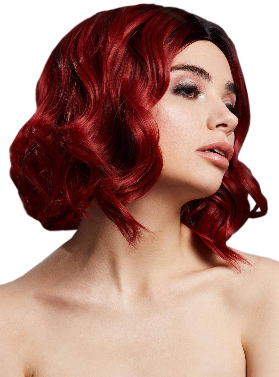 Image of Short Wavy Ruby Red Bob with Dark Roots Women's Costume Wig