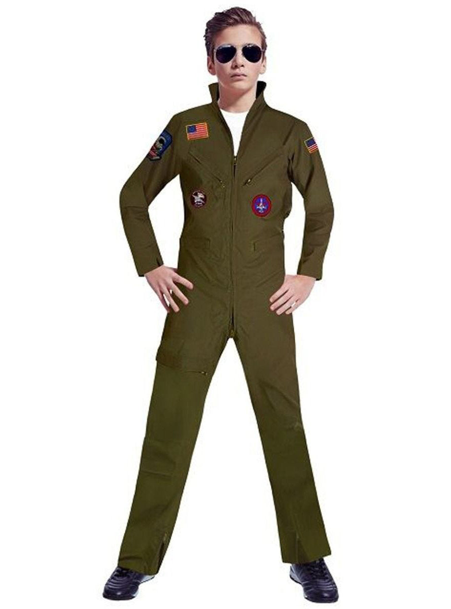 Fighter Ace Boys Green Flight Suit Costume - Main Image