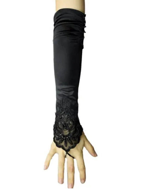 Fingerless Black Satin Costume Gloves with Lace - Main Image