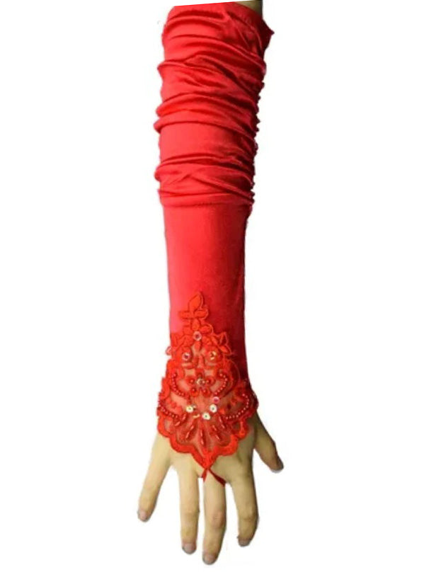 Fingerless Red Satin Costume Gloves with Lace - Main Image