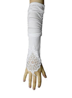 Fingerless White Satin Costume Gloves with Lace - Main Image