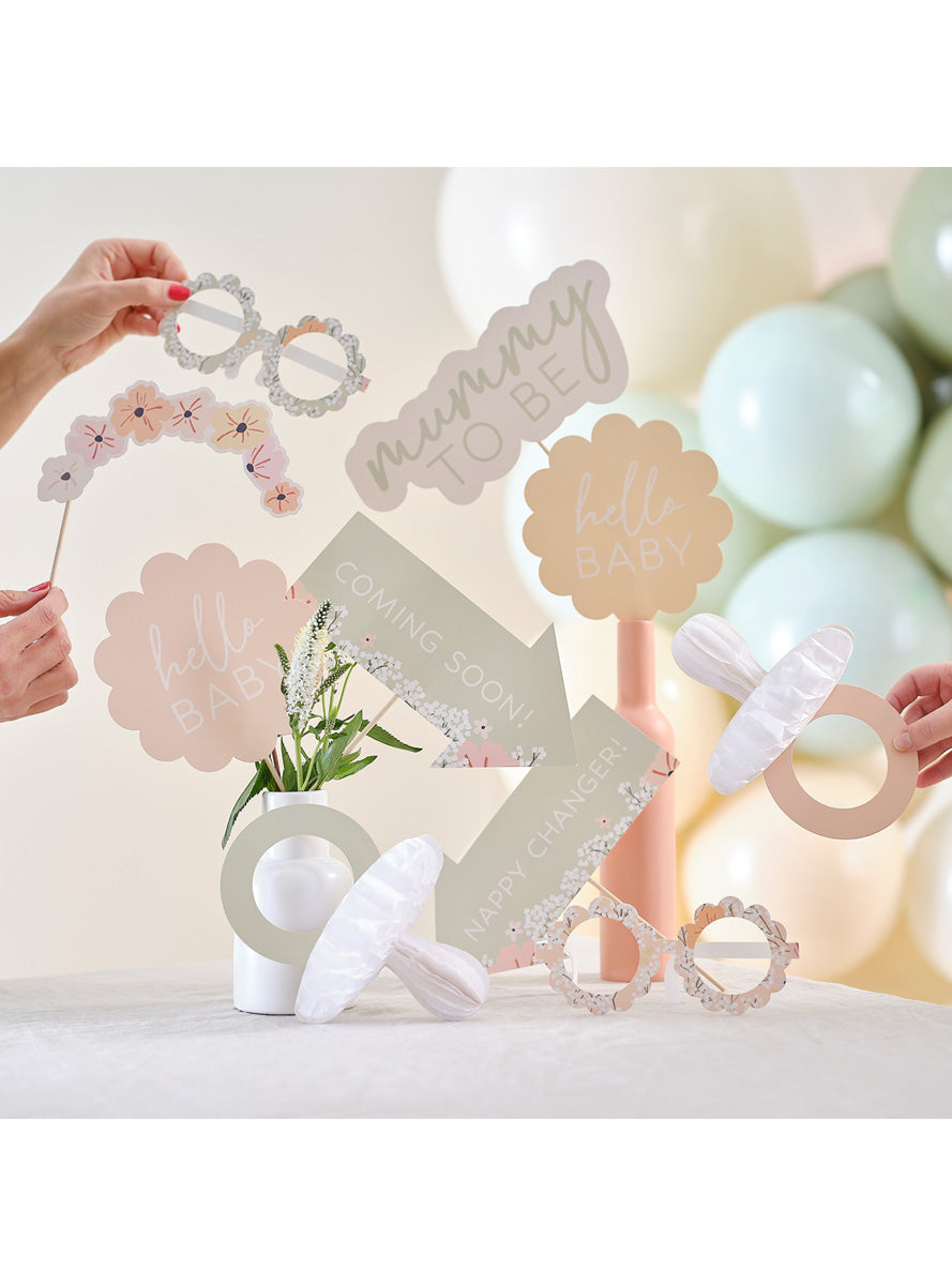 Floral Baby Shower 10 Piece Wooden Photo Booth Prop Set – Lifestyle Image
