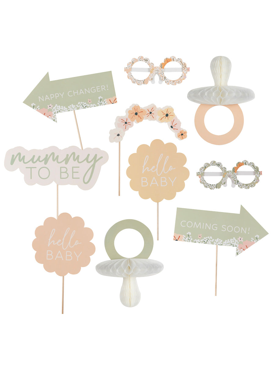 Floral Baby Shower 10 Piece Wooden Photo Booth Prop Set – Main Image
