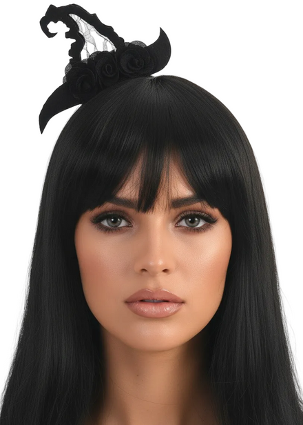Floral Black Mini Witch Hat Halloween Costume Headband - Main Image