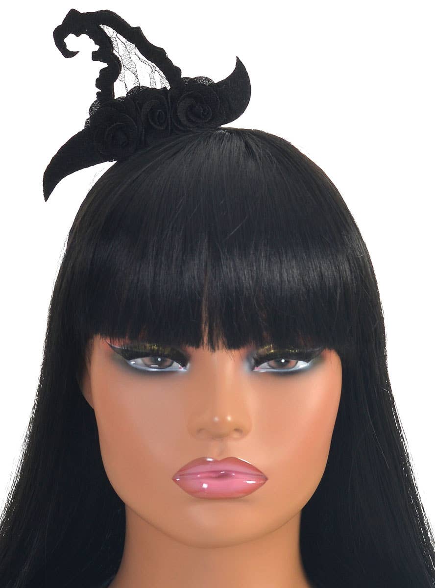 Image of Floral Black Mini Witch Hat Halloween Costume Headband