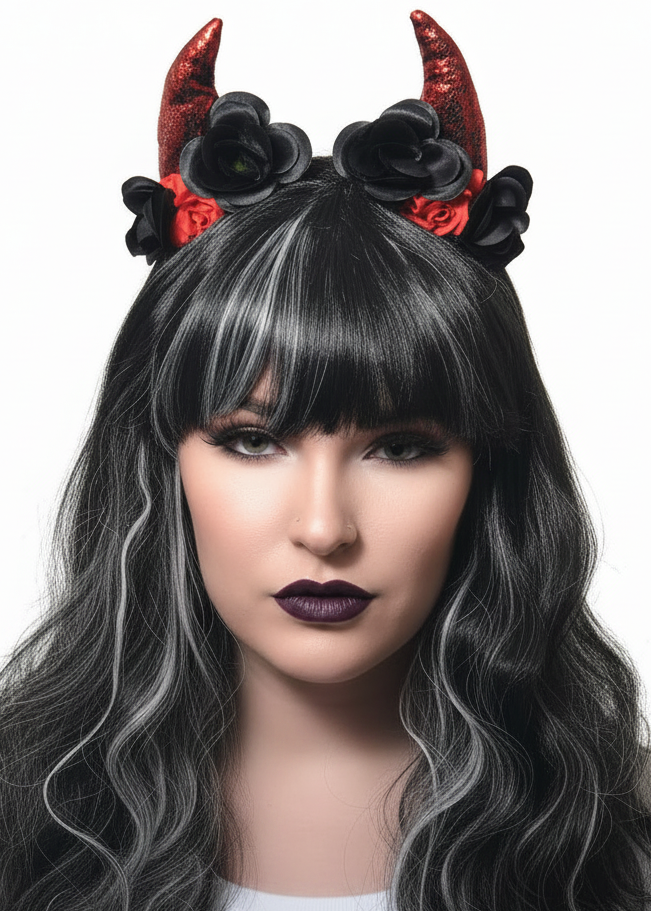 Red and Black Devil Horns Halloween Costume Headband with Roses - Main Image