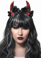 Red and Black Devil Horns Halloween Costume Headband with Roses - Main Image