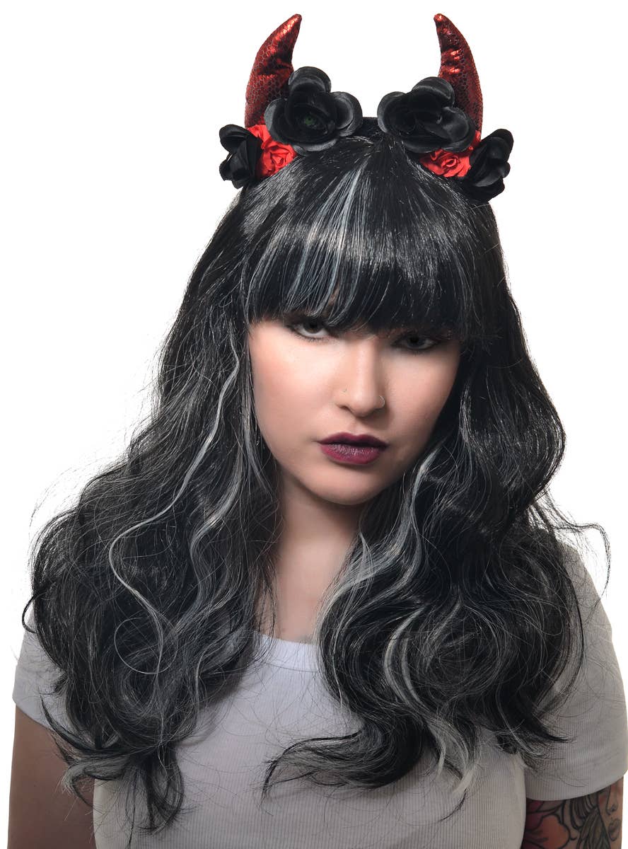 Image of Glamour Red and Black Devil Horns Headband with Roses - Main Image