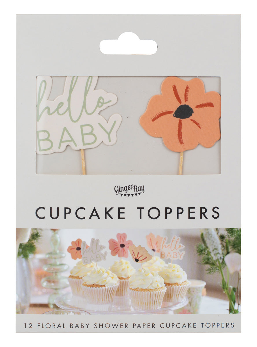 Floral Hello Baby 12 Pack Cupcake Toppers – Packaging Image