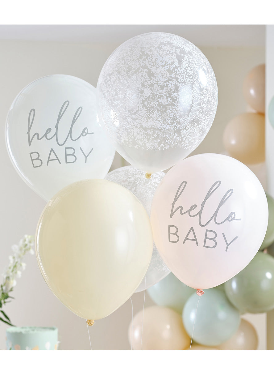 Floral Hello Baby 5 Pack Latex Balloons – Lifestyle Image