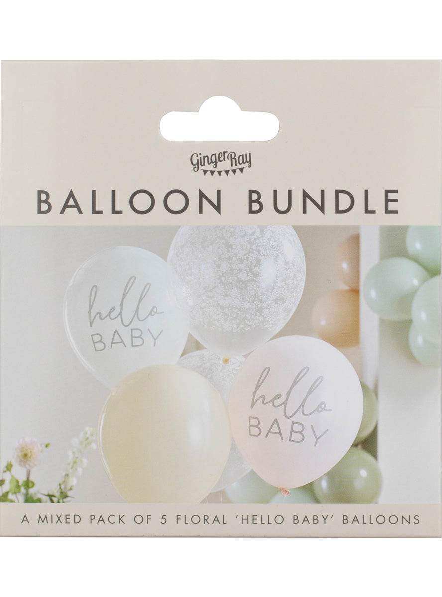 Floral Hello Baby 5 Pack Latex Balloons – Packaging Image