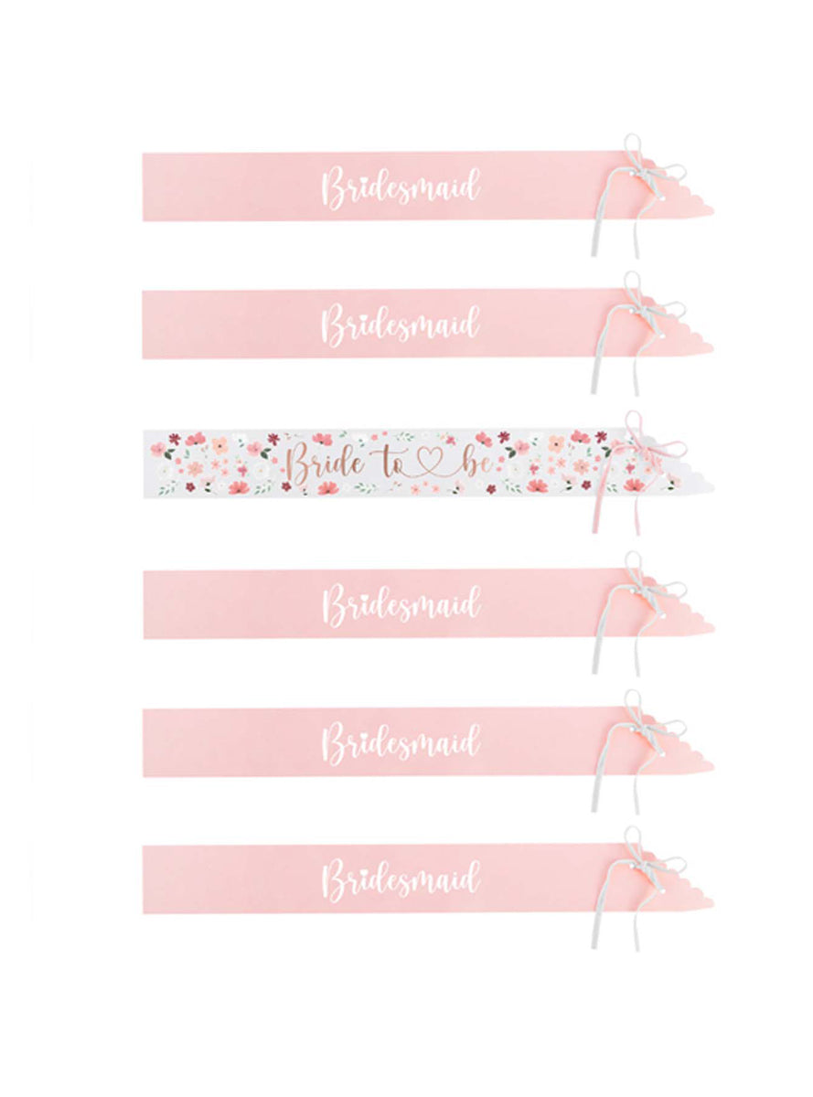 Floral Party 6 Pack Bride To Be and Bridesmaid Hens Party Sashes - Main Image