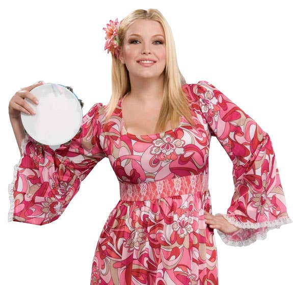 Women's Plus Size 60s Long Pink Hippy Costume Dress -  Close Image