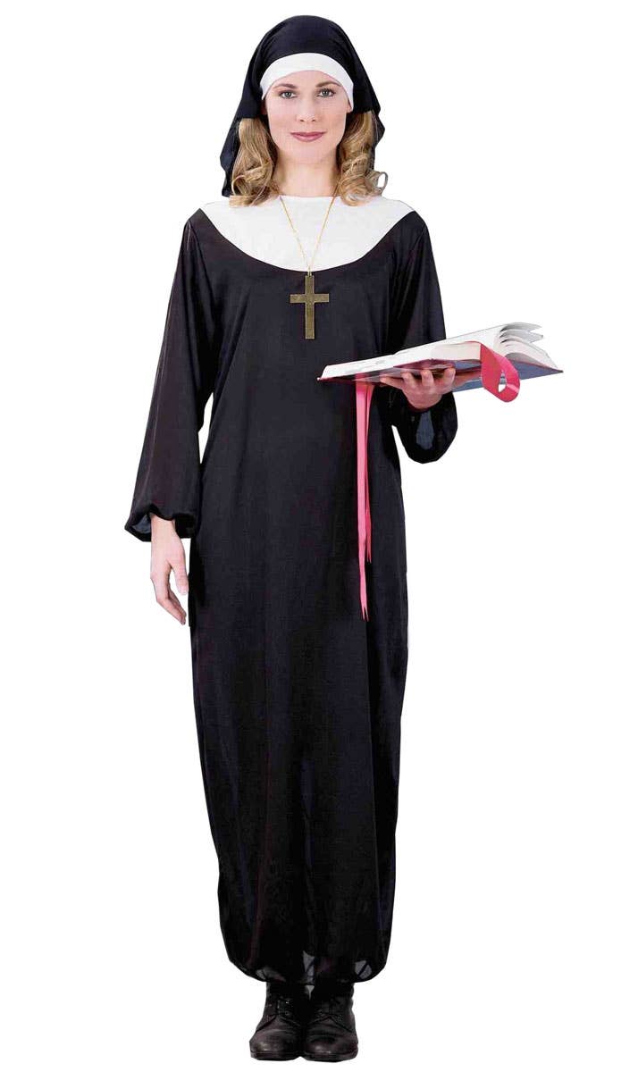 Holy Nun Women's Long Black Nun's Habit Costume Front View