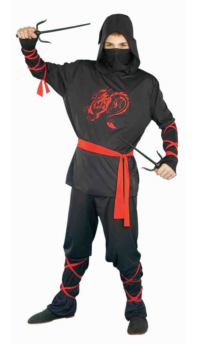 Teen Boy's Black Ninja Fancy Dress Costume Front View