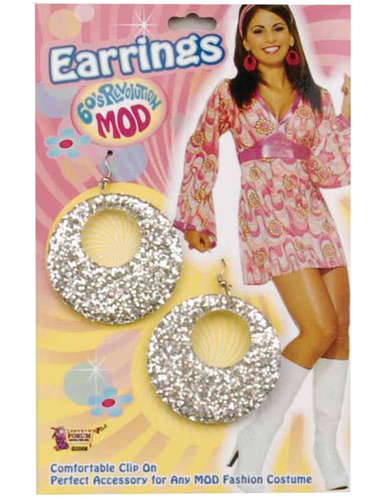 Womens Silver Glitter Mod 60s Costume Earrings - Main Image
