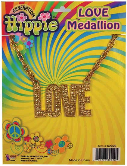 Large Gold Plastic LOVE Hippie Medallion Costume Necklace - Main View