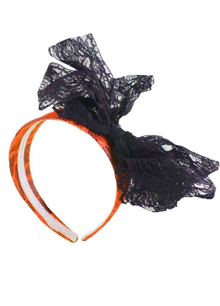1980's Fluro Orange and Black Lace Hair Bow on Headband 80s Costume Accessory - Second Image