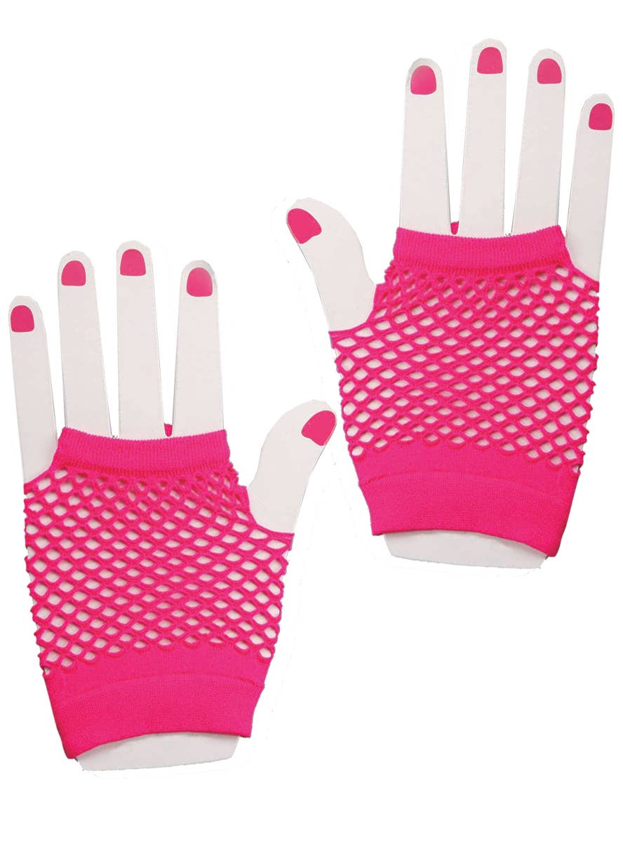 1980s Fashion Short Fishnet Fingerless Gloves Pink 80s Costume Accessory - Main Image