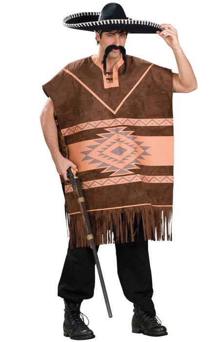 Men's Brown Pattern Mexican Costume Poncho - Main Image