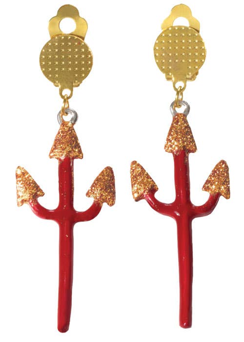 Red and Gold Glitter Clip On Devil Pitchfork Costume Earrings