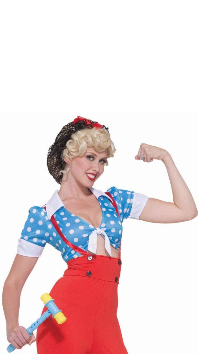Rosie The Riveter Women's 1940's Red and Blue Fancy Dress Costume Close up View