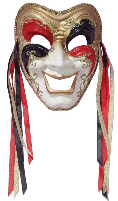 Full Face Comedy Masquerade Mask With Cracked Red Black and Gold Paint Details - View 1