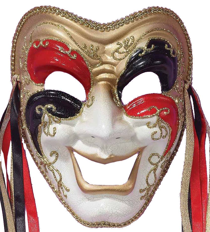 Full Face Comedy Masquerade Mask With Cracked Red Black and Gold Paint Details - View 2