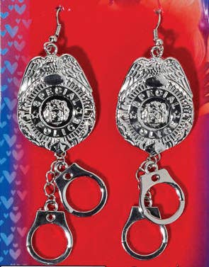 Clip on Silver Plastic Police Badge and Handcuffs Costume Earrings - Alternative View 