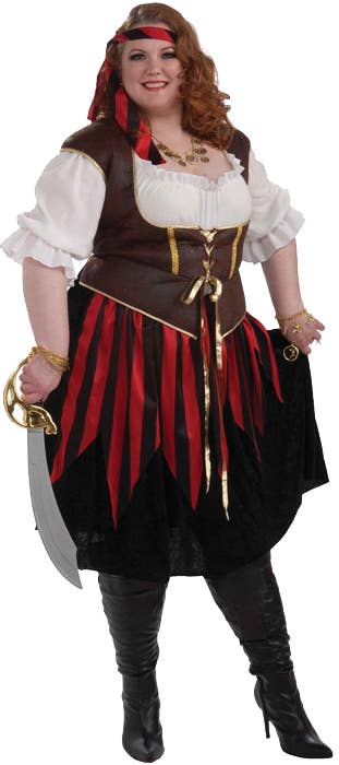Plus Size Women's Pirate Lady Costume Black and Red Fancy Dress Front
