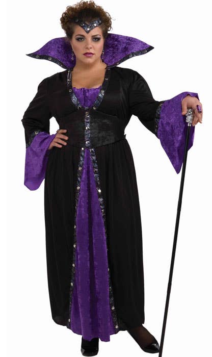 Black and Purple Velvet Women's Plus Size Sorceress Halloween Costume - Main Image