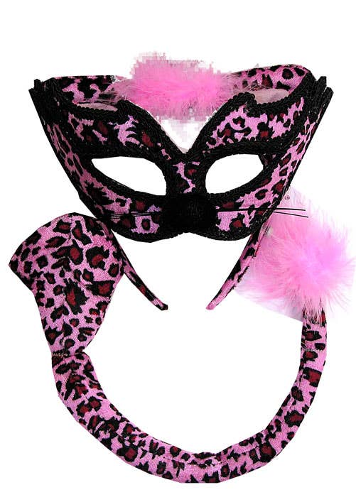 Pink and Purple Leopard Print Masquerade Mask and Tail Set