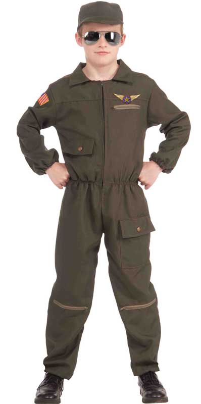 Jet Pilot Boy's Airforce Olive Green Military Uniform Costume - Front View