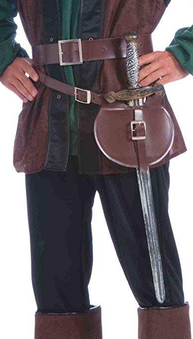 Brown faux leather double wrap belt, pouch and medieval sword costume accessory main image
