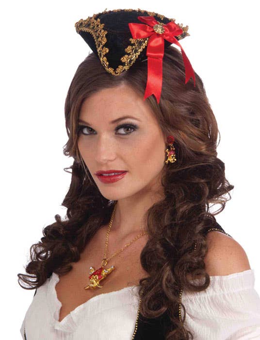 Mini Black Tricorn Pirate Costume Hat with Gold Trim and Red Bow - Main View